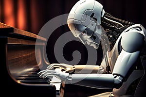 Sci-fi humanoid AI robot android plays piano robotic fingers touch stylish musical instrument. Technological harmony