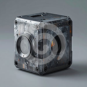 Sci-Fi Industrial Technology Cube on Gray Background