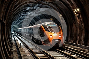 sci-fi inspired autonomous train speeding through a tunnel