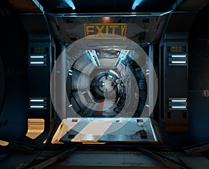 A sci-fi interior scene from a space station\'s exit room