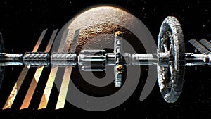 Sci-fi interplanetary spaceship on Mercury background