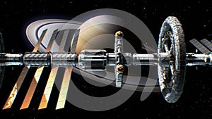 Sci-fi interplanetary spaceship on Saturn background