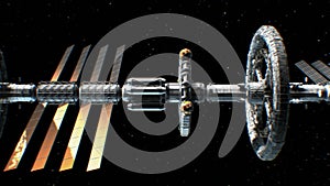 Sci-fi interplanetary spaceship on stars background