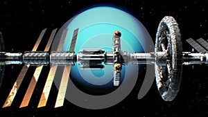 Sci-fi interplanetary spaceship on Uranus background