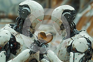 Sci-fi interpretation of White Day celebration with androids exchanging heart-shaped metallic tokens.