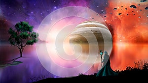 Sci-fi landscape digital painting with nebula, magician, gas gigant, lake and tree. Elements furnished by NASA. 3D rendering