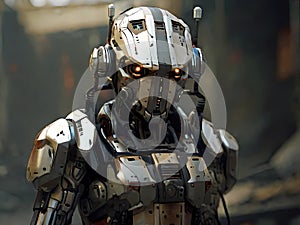 Sci-fi mech soldier on black. Military futuristic robot warrior with gray color metal. Danger Cyborg guard illustration