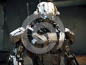 Sci-fi mech soldier on black. Military futuristic robot warrior with gray color metal. Danger Cyborg guard illustration