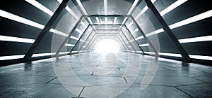 Sci Fi Modern Futuristic Empty Bright Alien Ship Grunge Reflective Concrete Hexagonal Floor Tunnel Corridor With White Glowing Led