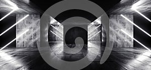 Sci Fi Neon Cyber Futuristic Modern Retro Alien Dance Club Glowing White Lights In Dark Empty Grunge Concrete Refelctive Room