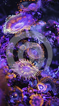 Sci fi neon glow on coral reefs in the solar system vampire marvels at steam machinery fireworks finale close up