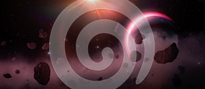 Sci-fi Outer Space Background with Asteroid and Planet.