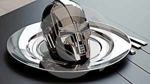 Sci-fi Plate With Chrome Finish And Robot Head Helmet Design