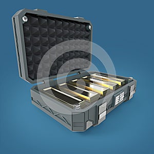 Sci-fi reinforced metal sage case full of gold bars. render