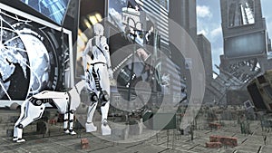 Sci-fi robot woman and cyborg dog on apocalyptic Time Square New York Manhattan. 3D rendering