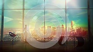 Sci-fi scene with an android working in a futuristic office, 3D render.