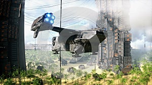 sci fi ship in futuristic city, desert landscape with camels. Future concept, Realistic 4k animation.