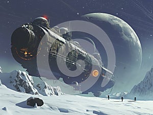 Sci-Fi Spaceship Landing on a Snowy Exoplanet