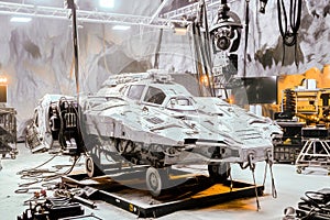 A sci-fi spaceship prop on a movie set.
