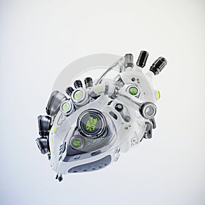 Sci-fi steel white heart with green light 3d rendering