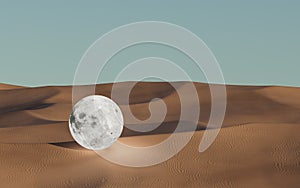 Sci-Fi surreal dunes with moon in dreamy desert. 3d render, 3d illustration.