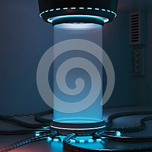 Sci fi theme laboratory glass tube. Concept for high tech background, cryogenic tank, wallpaper