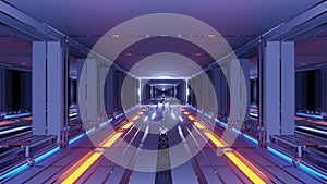 Sci fi tunnel corridor vj loop fly through with neon lights and cool reflections motion design 3d rendering visual loop