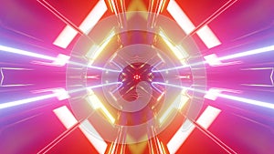 Sci-fi tunnel transformer with neon lights. 4k looped abstract high-tech tunnel. Camera flies through tunnel. Background