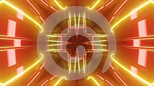 Sci-fi tunnel transformer with red orange neon lights. 4k looped abstract high-tech tunnel. Camera flies through