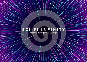 Sci-fi Universe infinity. Abstract background travel through time and space. Futuristic neon poster. Trendy music banner template