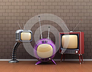 Sci-fi, vintage and style tv in emty room