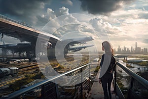 Sci-fi Woman on a Bridge, Gazing at a Futuristic Airport with Ultra-Realistic Photography and Sci-Fi Shapes: The 5th Element