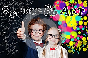 Science and arts occupations. Smiling little children on blackboard background with maths formulas and arts pattern