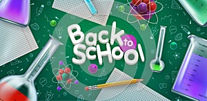 Science background. Back to school. Lab test tubes. Chemistry and Physics class. Blackboard chalk drawing. Laboratory 3D