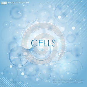 Science background with cells HUD. Blue cell background. Life and biology, medicine scientific, bacteria, molecular