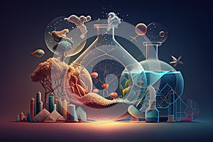 Science background illustration, scientific design. Flasks, glass and chemistry, physics elements. Generative AI