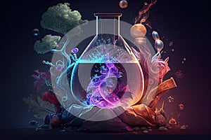 Science background illustration, scientific design. Flasks, glass and chemistry, physics elements. Generative AI