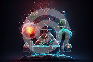 Science background illustration, scientific design. Flasks, glass and chemistry, physics elements. Generative AI