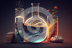 Science background illustration, scientific design. Flasks, glass and chemistry, physics elements. Generative AI