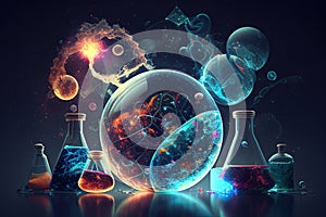 Science background illustration, scientific design. Flasks, glass and chemistry, physics elements. Generative AI