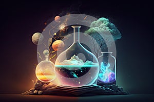 Science background illustration, scientific design. Flasks, glass and chemistry, physics elements. Generative AI