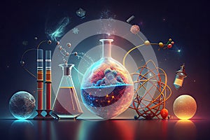 Science background illustration, scientific design. Flasks, glass and chemistry, physics elements. Generative AI