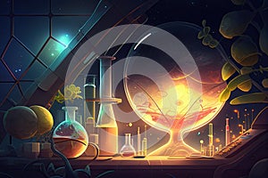 Science background illustration, scientific design. Flasks, glass and chemistry, physics elements. Generative AI