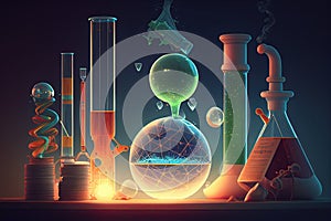 Science background illustration, scientific design. Flasks, glass and chemistry, physics elements. Generative AI