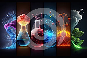 Science background illustration, scientific design. Flasks, glass and chemistry, physics elements. Generative AI