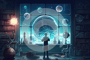 Science background illustration, scientific design. Flasks, glass and chemistry, physics elements. Generative AI