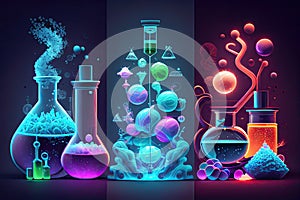 Science background illustration, scientific design. Flasks, glass and chemistry, physics elements. Generative AI