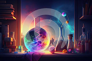 Science background illustration, scientific design. Flasks, glass and chemistry, physics elements. Generative AI