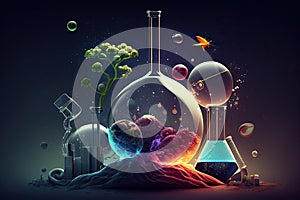 Science background illustration, scientific design. Flasks, glass and chemistry, physics elements. Generative AI