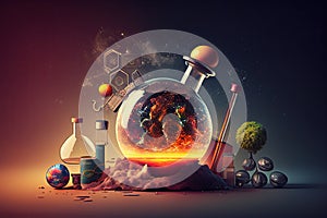 Science background illustration, scientific design. Flasks, glass and chemistry, physics elements. Generative AI